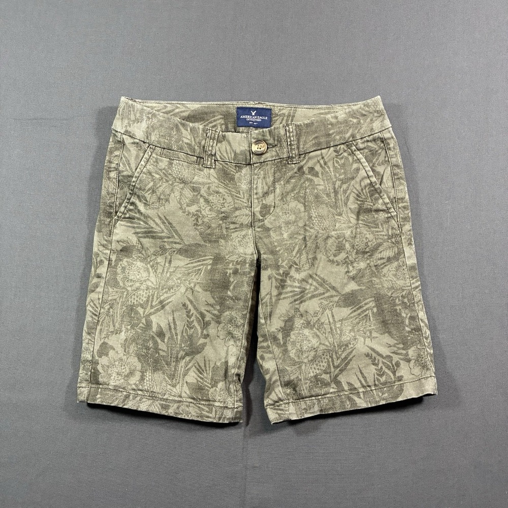 AMERICAN EAGLE Denim Short Women Olive Green Floral Camo Bermuda Stretch Size 0